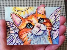 ACEO Original Painting OOAK - All Cats Go To Heaven - Cat - Bartshe picture