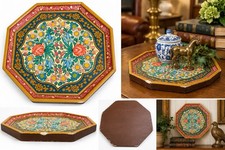 Vintage Hand Painted Floral Octagon Wood Tray Indian Kashmiri Style 9.75” picture