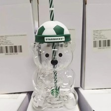 New Starbucks 2026 Bearista Bear 20oz Glass Straw Cup with Football Cap Lid picture