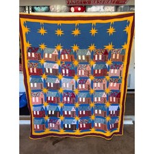 Vintage Handmade Schoolhouse Patchwork Quilt Blue Yellow Stars Folk Art 84