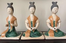 Vintage Chinese Sancai Tang Style Kneeling Lady Figurines Set of 3 Ceramic 7” picture