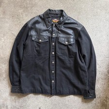 Harley-Davidson Black Denim Jacket Leather Trim Vintage 00s Excellent picture