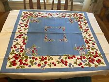 Vintage Strawberry Print Tablecloth 1950's Blue Border Retro Kitchen Red Berries picture