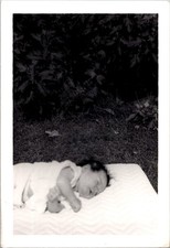 Sleeping Six-Week-Old Baby on Lawn Blanket, 1950s B&W Snapshot Photo picture