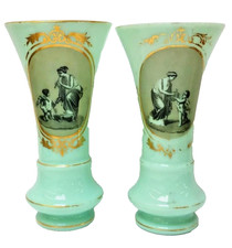 Antique Pair of French Light Green Opaline Glass Vases Hand painted H: 11 7/8
