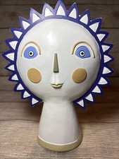 Tracy Boyd Resin Carved Sun Face Figurine 10.5x7.5” White Blue Yellow Boho picture