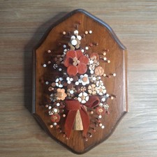 Vintage 1977 Pol-O-Craft Nail Flower Art Pauline Owens Wood Plaque Folk MCM picture