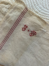 Antique Textile Loomed Linen Cotton Towel Embroidered Red White Ticking Initials picture