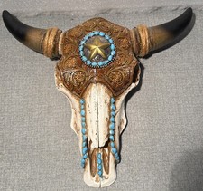 Western Star Tooled Leather Steer Bison Buffalo Bull Cow Horned Skull Wall Decor picture