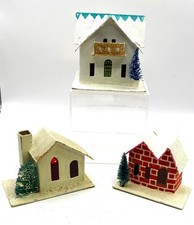 Lot 3 ~ Vtg Christmas Post War Putz Houses Bottle Brush Trees Japan 1930's VGC picture
