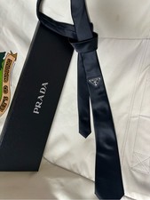 PRADA Milano Men's Black Solid Woven Silk Pointed Tie w/ Logo Plaque with box picture