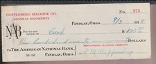 Antique 1918 Used Check : Findlay Ohio. Hoppenberg Machine Co. General Machinist picture
