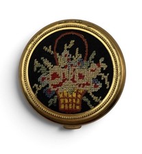Vintage 1940s 1950s Petit Point Floral Basket Powder Compact Made in USA picture