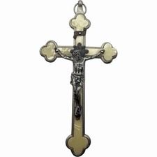 Vintage German Catholic Pectoral Crucifix Faux Mother of Pearl Celluloid 4.5” picture