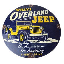 Vintage Willys Overland Jeep Vehicles Sign - Go Anywhere Gas Pump Porcelain Sign picture