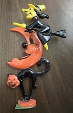 Vtg Rosbro Hard Plastic Halloween Spring Springy Witch Moon Black Cat *As Is* picture