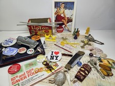 Vintage Grandma & Grandpa Junk Drawer Lot Advertising Political Pins Ephemera... picture