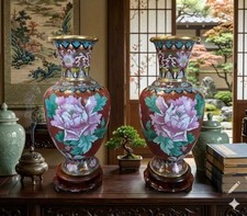 Pair Chinese Cloisonne Enamel Floral Vase  w/ Wood Stands & Storage Box Vintage picture