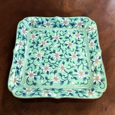 VTG Japanese Kozan Gama Square Serving Tray Jade Color w/ Pink Flowers 1970s EUC picture