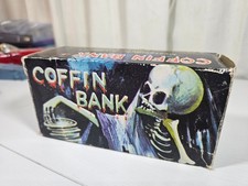 RARE 1960s Ever Last Skeleton Coffin Bank Working Wind Up Coin Bank picture