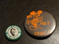1980s Vintage Hey Iran Mickey Mouse middle finger Pins Carter Hostage Trump War picture