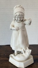 Vintage White Bisque Girl In Bonnet Playing W/Cat Kitten Figurine #4052 P Matte picture