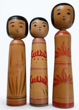 Vintage Tsugaru Kokeshi Doll Set Kensan Hasegawa Japanese Wooden Folk Art 3pcs picture