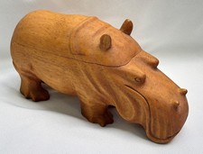 Vintage Hand Carved Solid Wood Hippopotamus Hippo Trinket Storage Box 11” picture