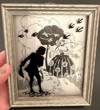 Vtg 1930's Deltex Black Reverse Painted Glass Silhouette Courting Couple Gallant picture