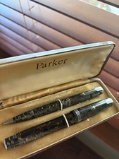 Rare 1934 Parker Vacumatic Fountain Pen Set Golden Brown Pearl 2-tone Arrow Nib picture