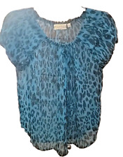 Princess Vera Wang Blue/Black Animal Sheer Short Sleeve Blouse/Top  Size L picture
