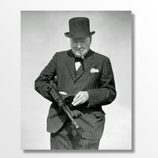 Vintage Winston Churchill with Tommy Gun Historic WWII Giclee Fine Art Print picture