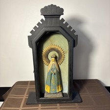 Vintage Hand-Carved Mexican Santos Virgin Mary in Wooden Niche. Good condition.  picture