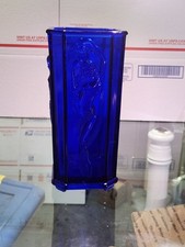 Vintage 1984 Sarsaparilla Deco Designs Cobalt Blue Nude Lady Art Glass Vase picture