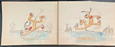 Pair Original 1940's Walt Disney Studios Color Pencil Drawings Pluto Ice Skating picture