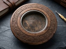 Pair Vintage Hand Carved Wood Brass Ashtray Antique Wooden Cigar Ashtrays Set picture