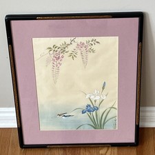 Vtg Japanese Watercolor Printing on Silk Birds Iris Wisteria Signed w/ Red Seals picture