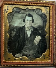 Early Antique 6th plate Daguerreotype young man w lake ocean backdrop picture