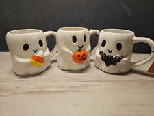 3 HALLOWEEN GHOST MUGS ~ GHOST CARRYING PUMPKIN, CANDY CORN, BAT NEW picture
