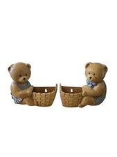2 Bears Boy Girl In Blue Basket Planter Plastic Wall Art BURWOOD Products 2947  picture