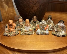 Antique Kutani Moriage Pottery Seven Lucky Gods Enameled | Complete Set Japan picture