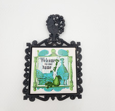 Vintage Cherry Cast Iron Tile Trivet Welcome to Our Home Square Green Blue Retro picture