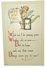 Antique Happy New Year Postcard Cherub Angel Hourglass Gold Embossed Unused NY-7 picture