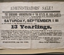 Historical Estate Auction 1860 Broadside Joel Caryl Worcester Ostego County NY  picture