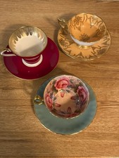 3 Rare Cup & Saucers Aynsley 1031 Cabbage Rose & 1713 Red Gold & Coalport AD1750 picture