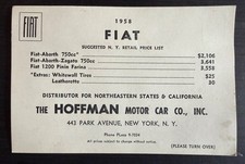 1958 Fiat Abarth Zagato 750cc Hoffman Motor Car Co. Price List Fiat 500 600 etc. picture