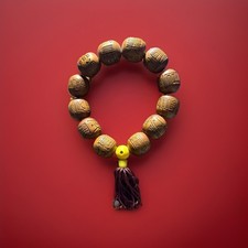 Buddhist 20mm 12Wooden Carved Brown Prayer Bead Bracelet w/ Yellow Bead & Tassel picture