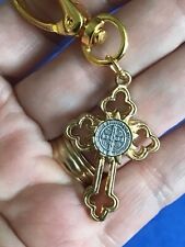 Saint St BENEDICT Keychain Key Ring Protection Gold Tone Key Fob Cross 3-1/8” picture