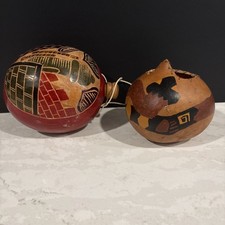 Vintage Hand Carved Gourd Lot of 2 Cartagena Colombia Souvenir Folk Art Calabash picture
