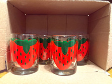 Vintage MCM Set of 4 Clear Indiana Glass Strawberry Lowball Drinking Glasses picture